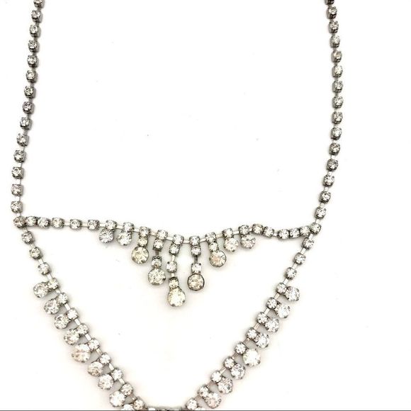 𝅺Double Drop Rhinestone Necklace Silver Vintage - Picture 2 of 14